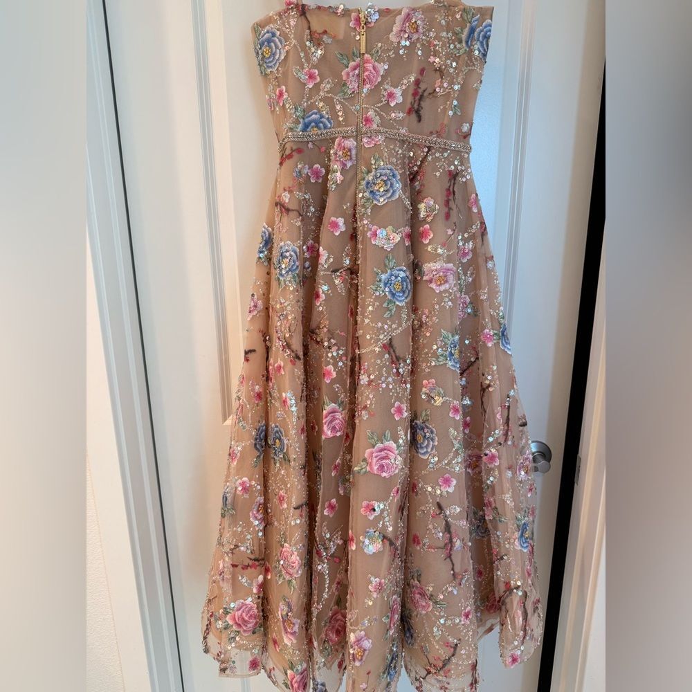 NWOT BRONX AND BANCO Mademoiselle Embroidered Gold Multi Floral Midi Dress - Picture 12 of 15
